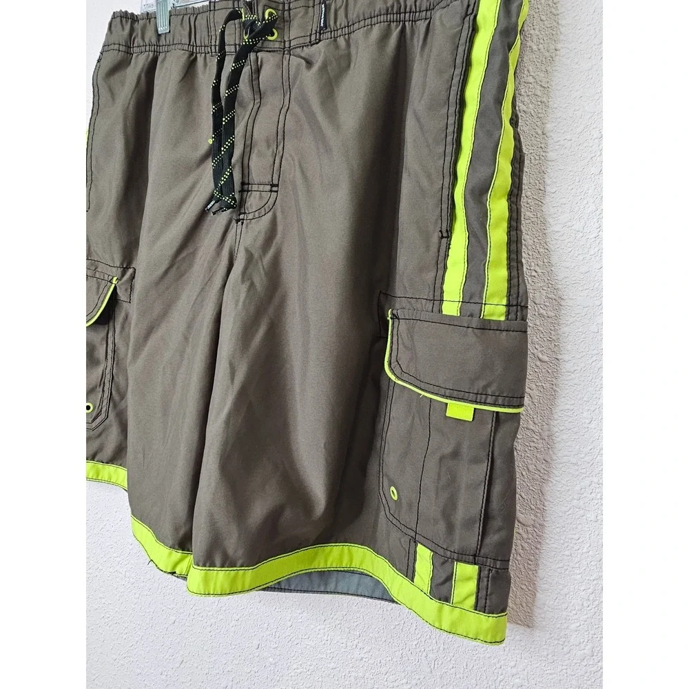 Joe Boxer Mens Cargo Swim Trunks Green Neon Lime Size Large Pockets Board Shorts